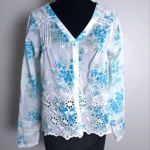 LoveShackFancy Mauro Blouse Button Down Floral Print Magic Turquoise S